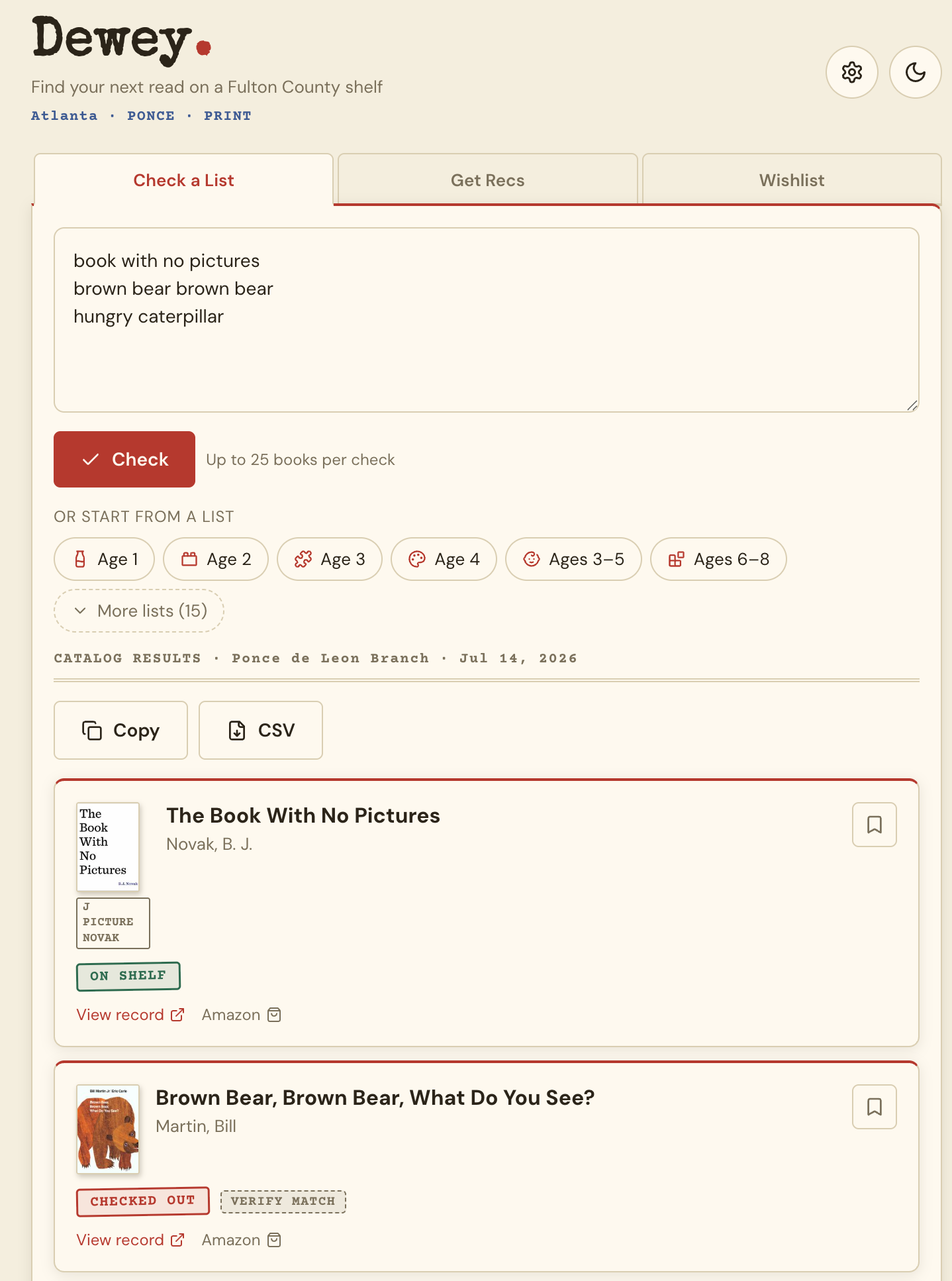 Dewey — live library shelf check