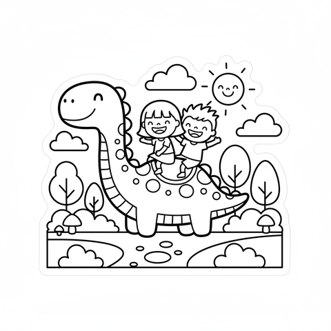 two kids riding a dinosaur